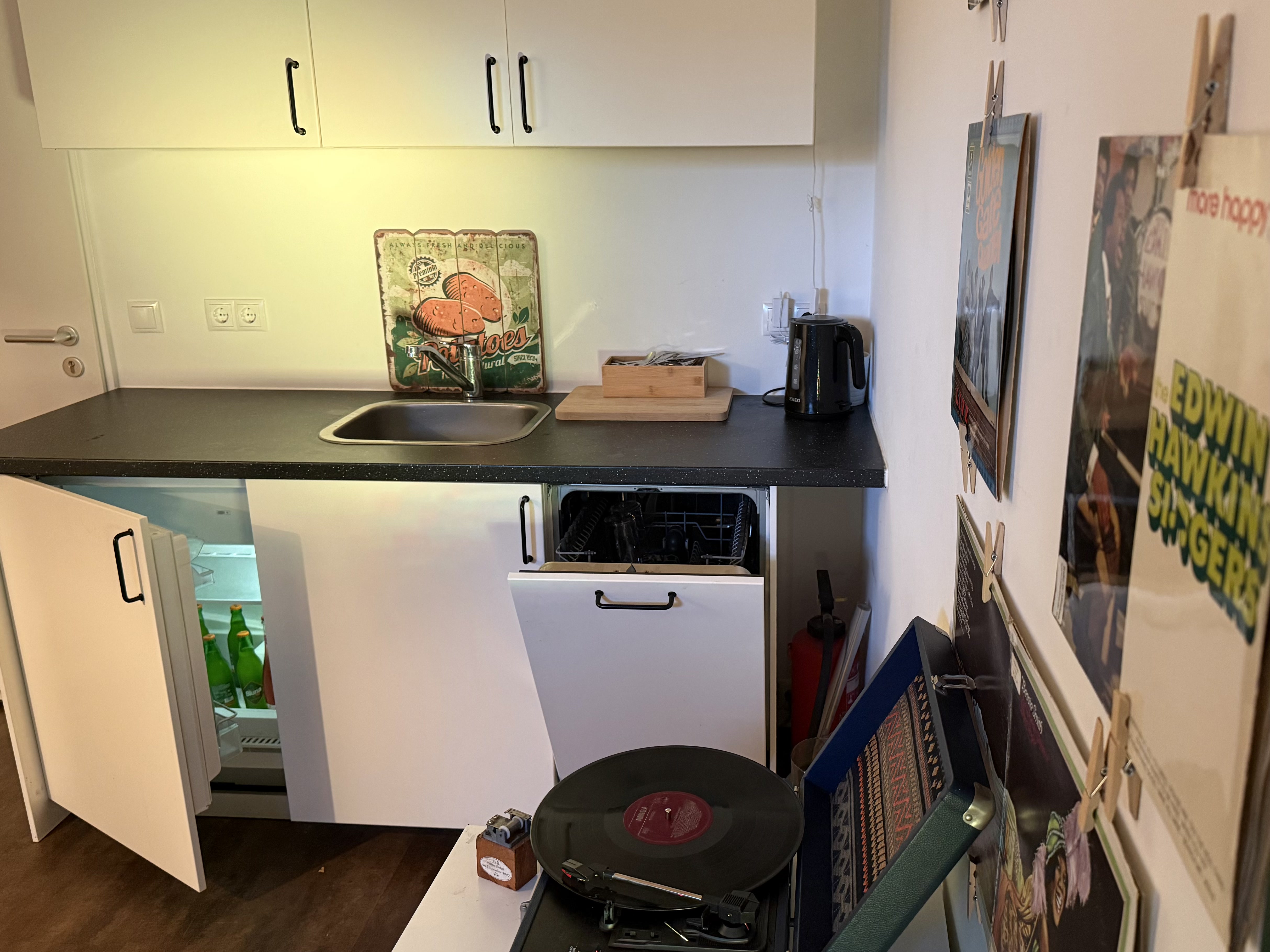 SWING TIME Gemeinschaftsküche mit Kühlschrank, Spülmaschine und Plattenspieler
